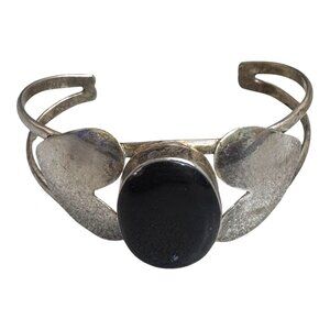 Vintage Mexico Silver Heart Cuff Bracelet Black Onyx Statement Stone Valentines